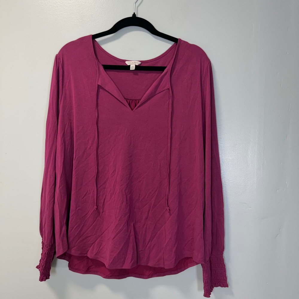 Lucky Brand Womens Smocked Cuff Tie Neck Long Sleeve Top Berry Pink Large